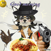 a picture of a furry character holding a gun next to a plate of spaghetti with sauce