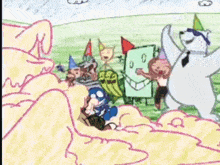 a group of cartoon characters wearing party hats are gathered together