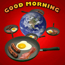 a poster that says good morning with eggs bacon and sausages in pans