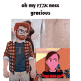 a man with glasses and a plaid shirt is standing next to a picture of a man with a pink face