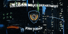 a sign for the los santos police department with a police car in the background