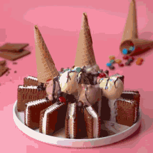 a white plate topped with ice cream sandwiches and a waffle cone with the letters lbn on it