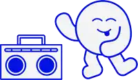 a blue and white drawing of a person standing next to a radio