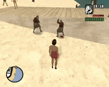 a video game shows a woman standing on a beach with two men fighting