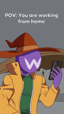 a cartoon character with a w on his head is taking a picture of himself