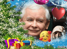 a picture of a man with a smiley face and a christmas tree