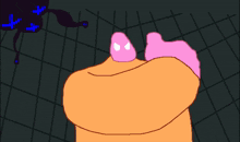 a cartoon drawing of a hand reaching out towards a blue monster