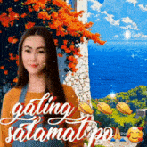 a woman is standing in front of a cliff overlooking the ocean with flowers in the background