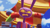 a purple cartoon character with an angry expression