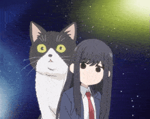 a black and white cat stands next to a girl with long hair