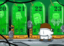 a cartoon of a bear standing in front of a row of green containers with the numbers 20 21 22 23 and 24 on them