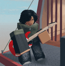 a person in a video game is holding a guitar