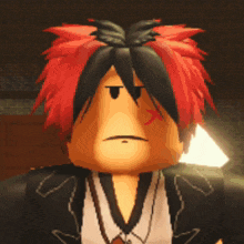 a cartoon character with red hair and black hair making a sad face