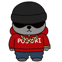 a cartoon bear wearing a red possori hoodie and sunglasses