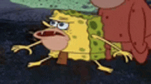 spongebob and patrick from spongebob squarepants are standing next to each other on a dark background .