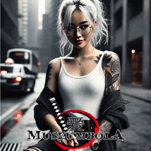 a woman with a tattoo on her arm stands in front of a sign that says museumbola