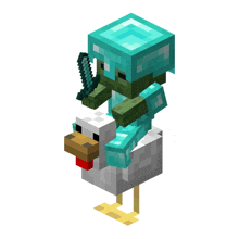 a minecraft character is riding a chicken with a sword