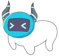a cartoon drawing of a robot with horns and a blue face