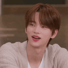 a young man wearing a sweater and a white shirt is smiling .