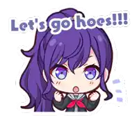 a sticker of a girl with purple hair and the words let 's go hoes