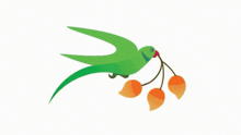 a green parrot with a red beak is flying with three orange leaves in its beak