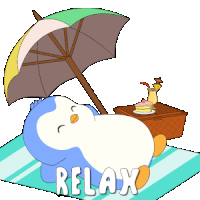 a penguin is laying on a blanket under an umbrella with the word relax below him