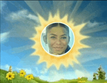 a picture of a woman in a circle with the sun in the background