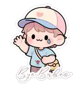 a drawing of a boy wearing a hat and a blue shirt that says bye babes on it