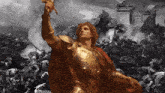 a painting of a man in armor holding a sword in front of a crowd of people