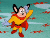 a cartoon mouse is wearing a superhero costume and covering his face with his hand .