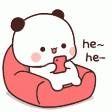 a cartoon panda bear is sitting on a red bean bag chair with chinese writing on it .