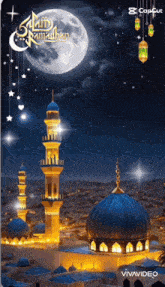 a picture of a mosque at night with a full moon