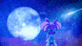 a girl in a blue dress is looking at the moon
