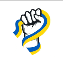 a clenched fist with a blue and yellow ribbon around it