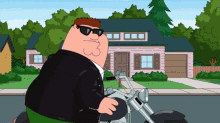 peter griffin riding a motorcycle in front of a house