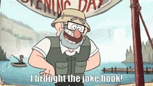 a cartoon character says " i brought the joke book " in front of a lake