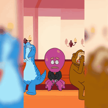 a group of cartoon characters including a purple octopus