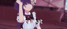 a purple haired anime girl wearing a maid outfit is holding a mask .