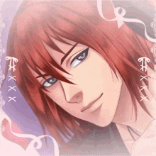 a close up of a red haired anime character with the letters xxx on it