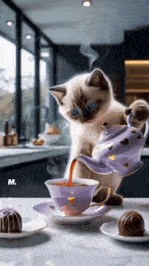 a kitten is pouring tea from a teapot into a cup .