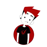 a cartoon drawing of a boy with red hair and a black shirt with a red check mark on it
