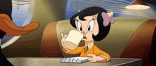 a cartoon of a girl drinking from a mug