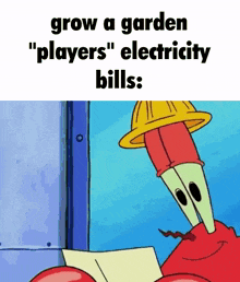 a cartoon of a crab reading a book with the words grow a garden players electricity bills