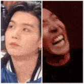 a close up of a man 's face next to a close up of a man 's face making a face .