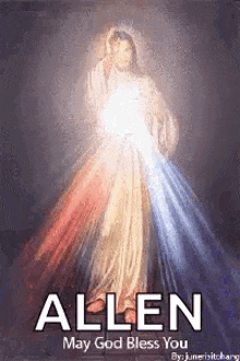 a painting of jesus with the words `` allen may god bless you '' written below it .