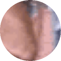 a close up of a person 's face in a circle with a white background