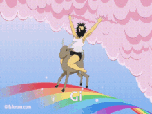 a cartoon of a man riding a goat on a rainbow with the word gi on the bottom right