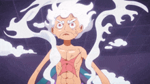 a cartoon character with white hair and a purple background