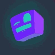 a purple and green cube with a face on it