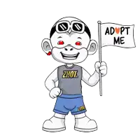 a cartoon character with adopt me written on a flag